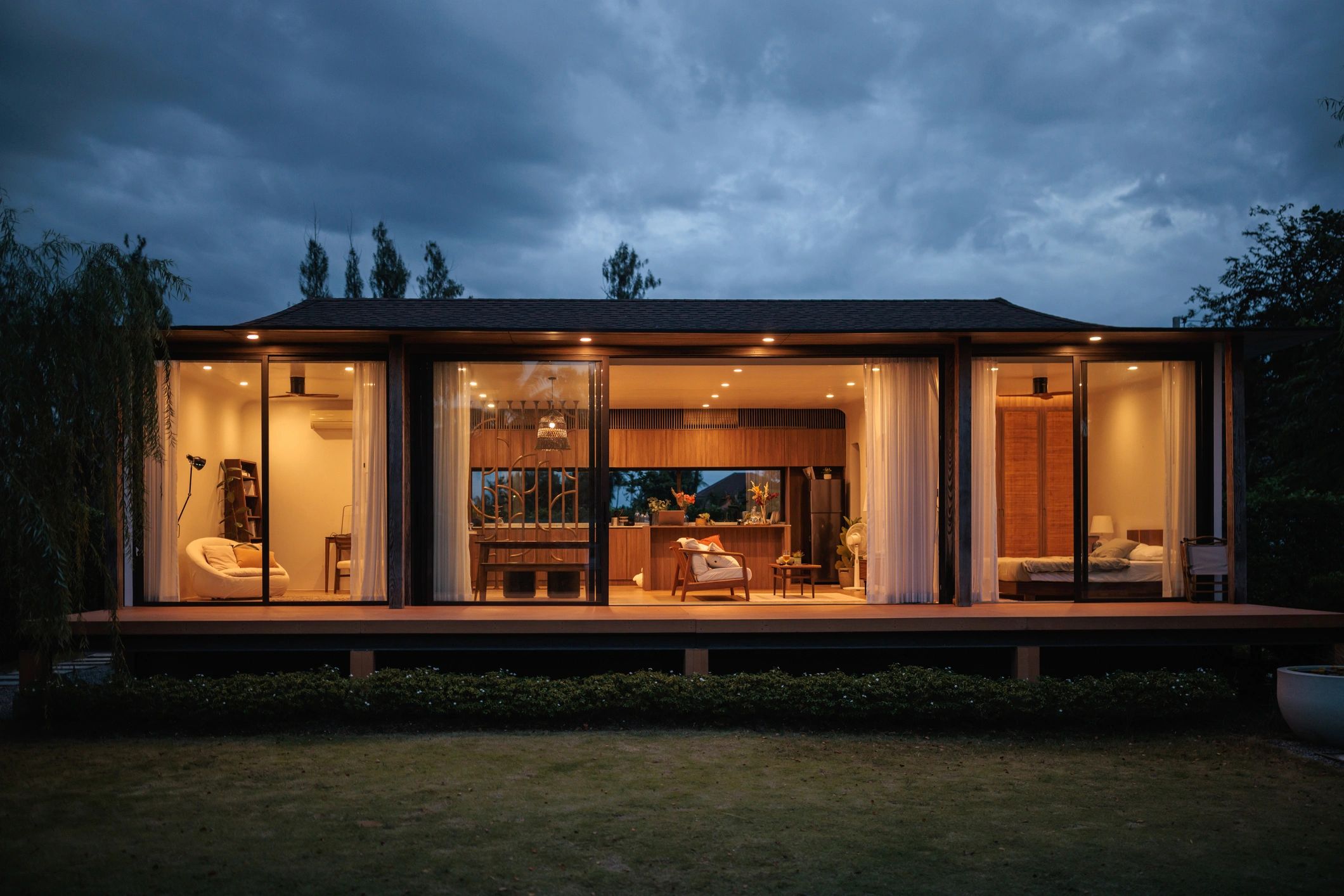 Modern home exterior with warm lighting