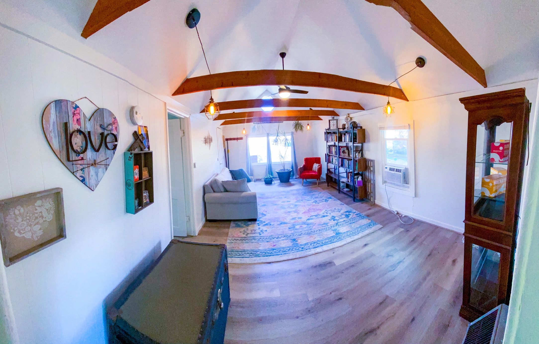 Bright barndominium-style living room interior