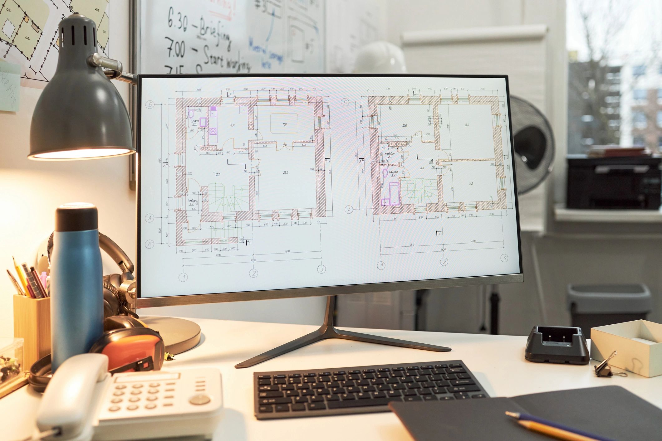 Architectural floor plans on a desk monitor